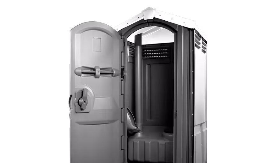 Gray portable restroom with an open door, revealing a simple interior design.
